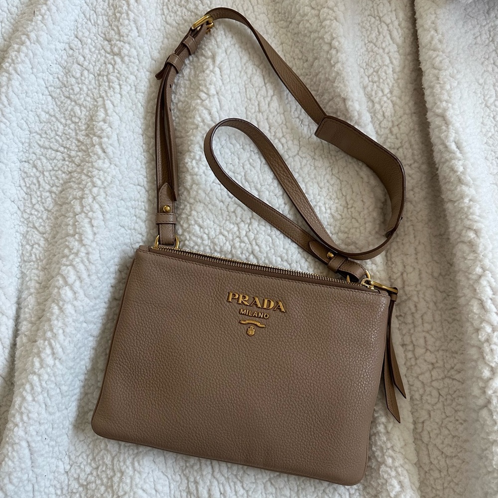 Prada Double Zip Vitelli Daino Small Crossbody